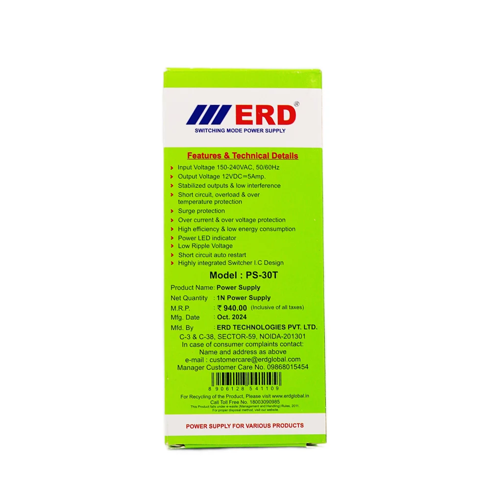 ERD CCTV Power Supply 12v/5a Slim For 4ch (PS30T) view 5